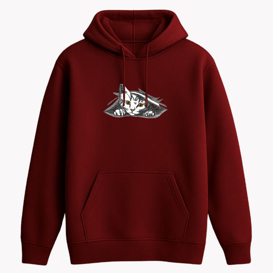 cat embroidery maroon hoodie