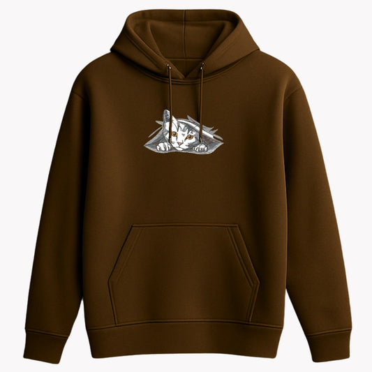 cat embroidery brown hoodie